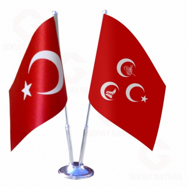 K�rm�z� 3 Hilal Osmanl� Kurt 2 li Masa Bayraklar�